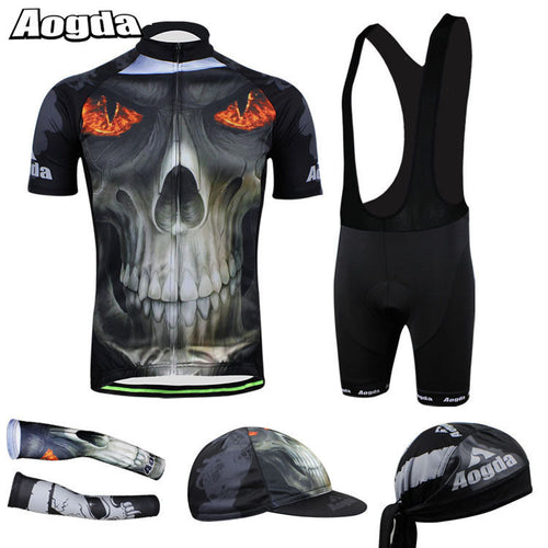 AOGDA Skull Outdoors Sports Clothing Accessories Suit Bicycle Cycling Bib Bike Jersey T Shirt Caps Hats Armwarmers Sleeves Set